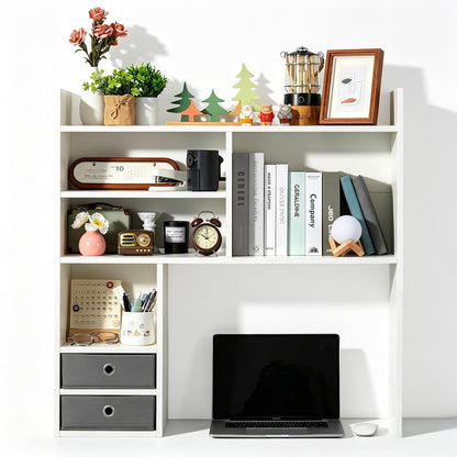 deli Desktop Bookshelf, High-Capacity Desk Hutch Organizer, White | with 7 Shelves and 2 Drawers for Computer Desk, Desk Shelf Organizer for Dorm Office Home