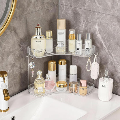 2-Tier Corner Bathroom Organizer Countertop with Hooks, for Makeup/Skincare | Bathroom Sink Corner Vanity Storage for Makeup, Skincare and Perfume (White Silver)
