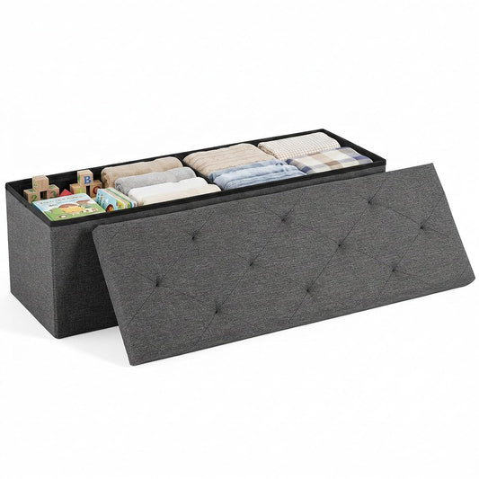 DUMOS 43 Inch Folding Storage Ottoman Bench, Large Ottoman with Storage | Storage Chest with Thicker Foam Padded Seat, End of Bed Foot Rest Stool for Bedroom Living Room Entryway, Load 660 lbs, Grey
