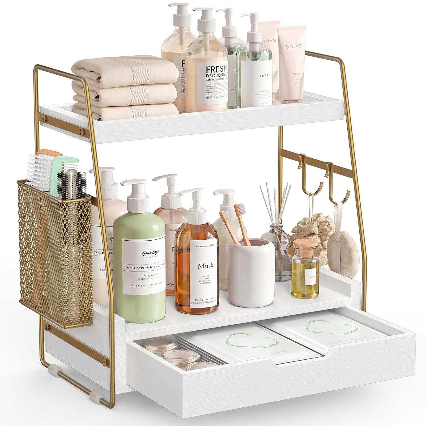 2-Tier Bathroom Counter Organizer with Drawer, Wood Counter Storage Shelf | Bathroom Vanity Organizer Countertop for Makeup, Skincare, Perfume, with Removable Basket, 13.4" x 7.9" x 14.5", White Gold
