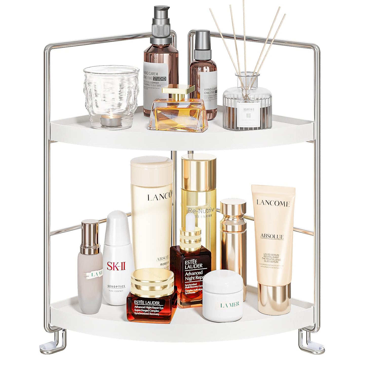 KINGNERWI 2-Tier Bathroom Counter Organizer, Vanity Corner Shelf, Silver | Makeup Skincare Storage Tray, Small Countertop Rack, Stores Cosmetics, Perfume, Seasoning, Fits Sink and Dresser