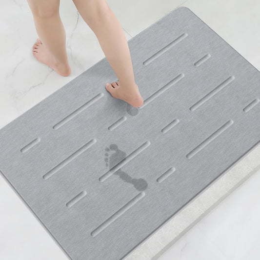 Large Stone Bath Mat, 32"x 20" Diatomaceous Earth Bath Mat for Bathroom Quick Drying Absorbing, Long Non-Slip Diatomite Hard Stone Shower Mat Instant Dry(Light Grey)