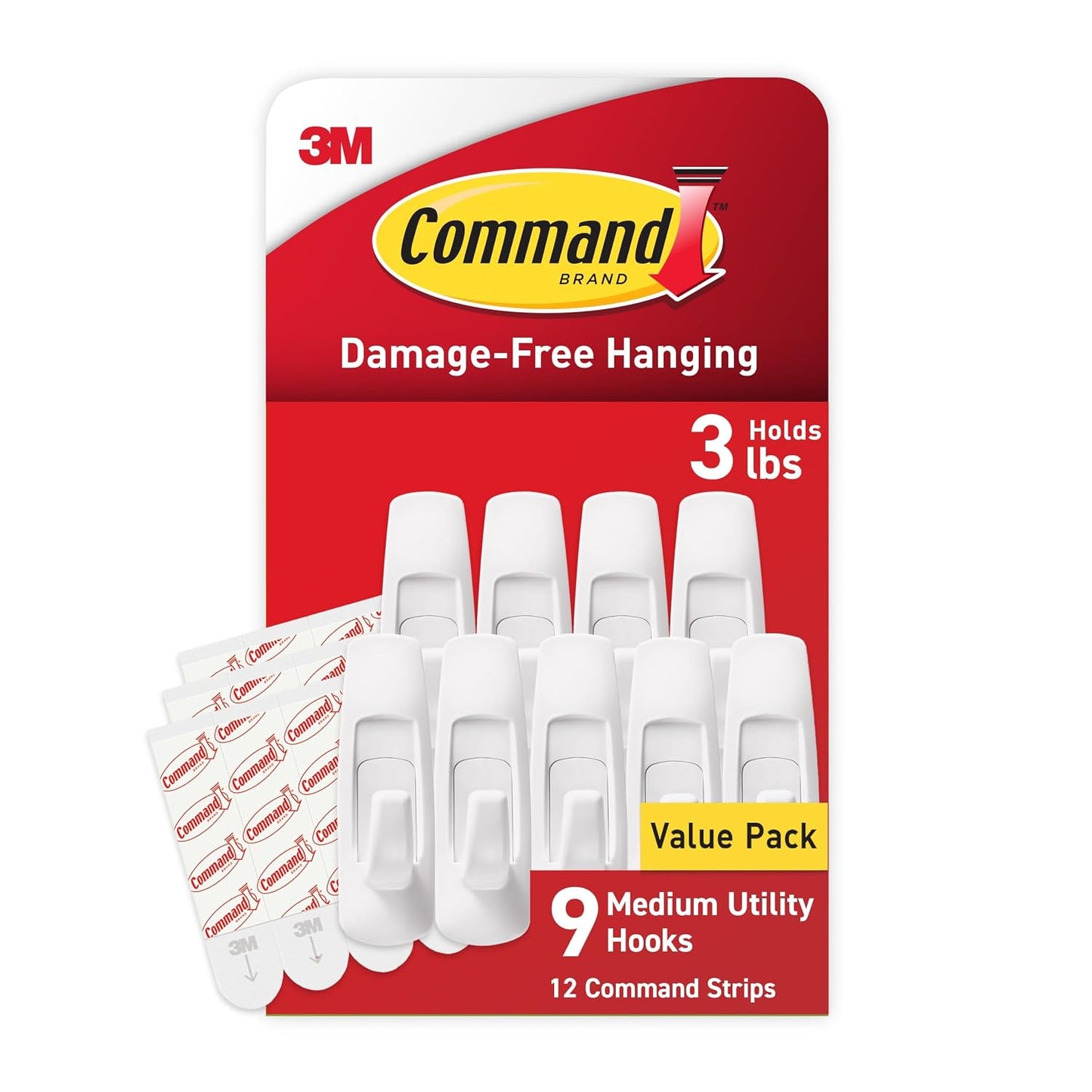 Command Medium White Hooks, 9 Hooks, 12 Strips | Damage-Free Hanging with Adhesive, Heavy Duty Hanging Great for Organization and Storage, Holds up to 3 lb