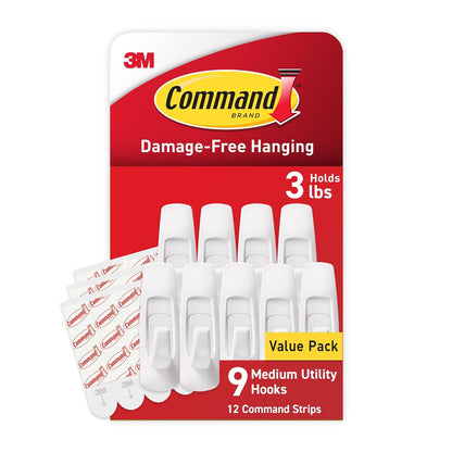 Command Medium White Hooks, 9 Hooks, 12 Strips | Damage-Free Hanging with Adhesive, Heavy Duty Hanging Great for Organization and Storage, Holds up to 3 lb