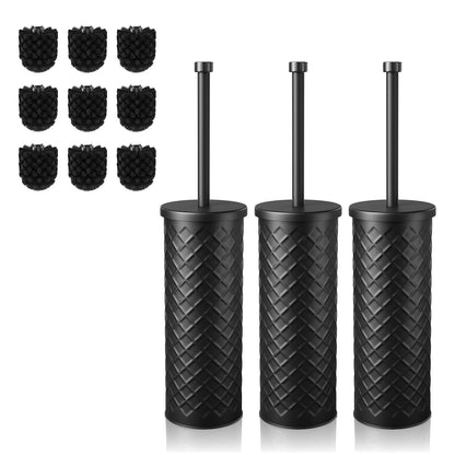 Toilet Bowl Brush and Holder Set 3 Pack with 6 Extra Brush Heads (Black) | Extra Long Handle with Splash Guard Cover, Tool-Free Installation, Bathroom Space-Saving, Cleaner Sets for Apartments, RV