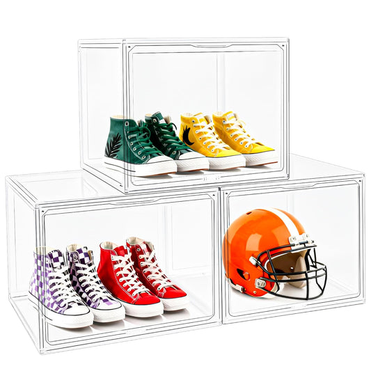 3 Pack XXX-Large Tall Boot Storage Organizer, 17.3x13x13'' Display Case | Shoe Boxes Extra Large Helmet Showcase Clear Stackable Hangbag Tote Bag with Magnetic Lid, 3 Pack Boxes with 2 Shoe Bags
