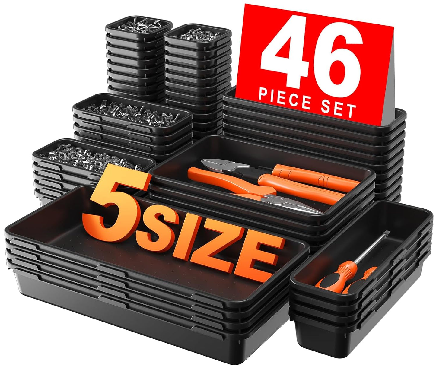 A-LuGei 【𝟰𝟲𝗣𝗖𝗦 & 5 Size】 Tool Box Organizer Tray Divider Set, 【Black】 Bathroom Drawer Organizer Bin, Garage Organization and Storage Toolbox Rolling Tool Chest Cart Cabinet WorkBench Small Part