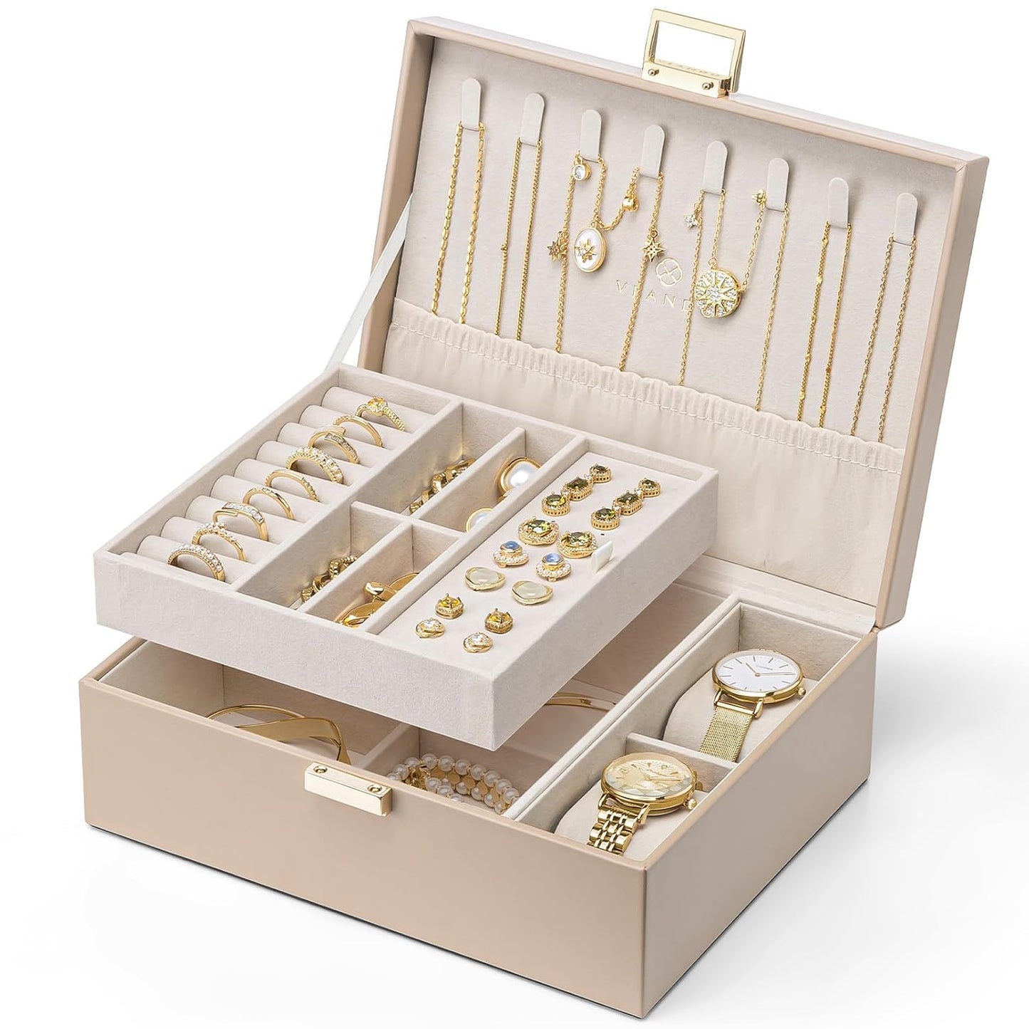 VLANDO Jewelry Organizer, 2-Layer Design with Tray and Watch Pillow,Toffee | Generous Space Stores All Kinds of Jewelry Tidily,Elegant Look Serves as a Nice Birthday and Holiday Gift for Ladies