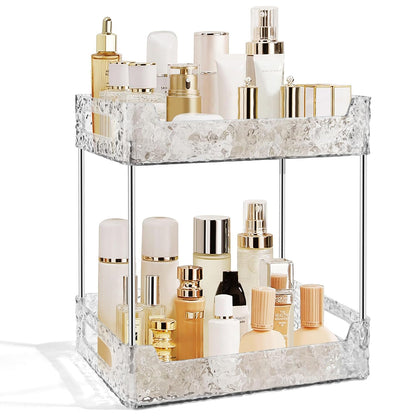 2-Tier Bathroom Counter Organizer Countertop Storage, Dresser Organizer Vanity Tray for Makeup, Perfume Organizer Cosmetics Skincare Shelf - Clear