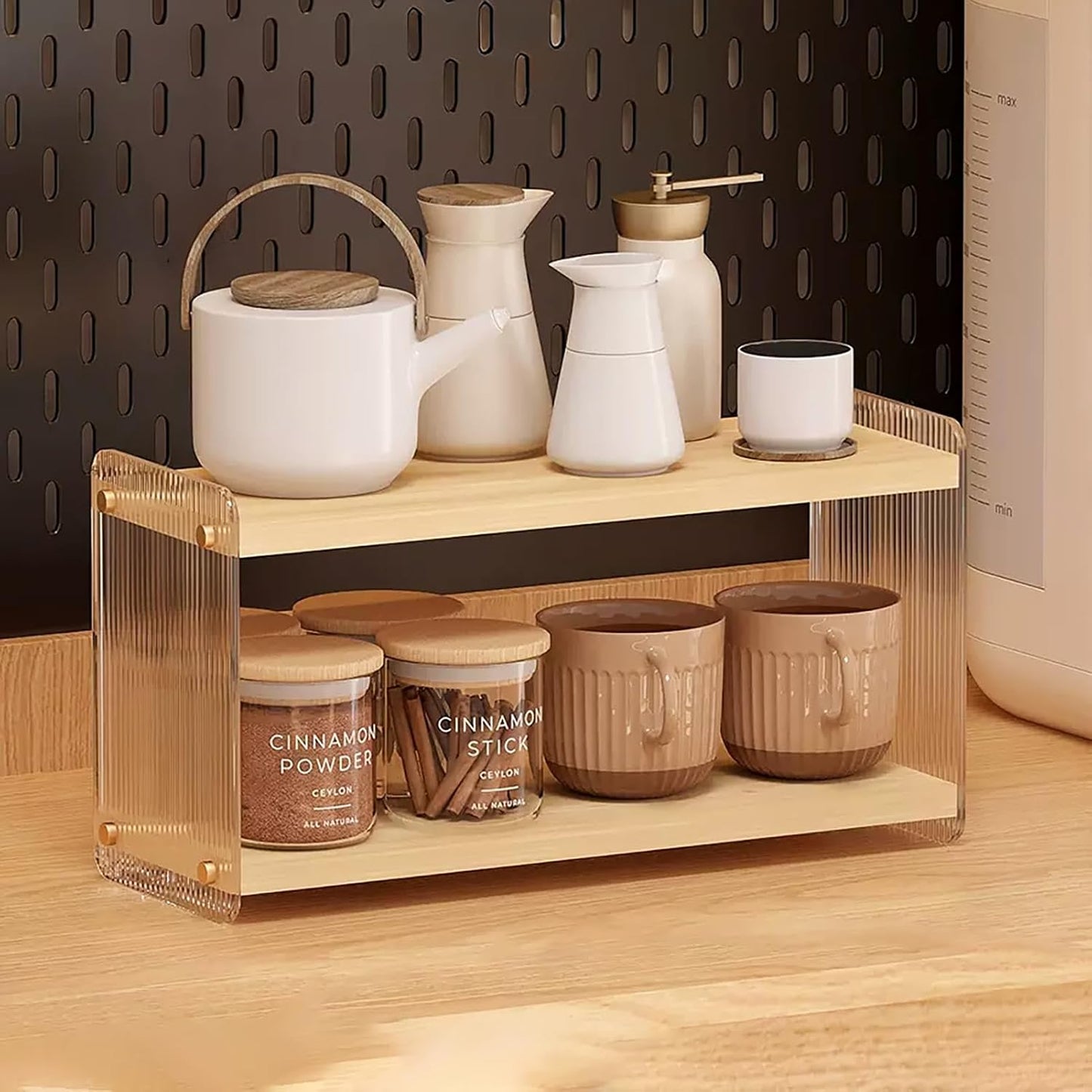 Coffee Station Organizer 2 Tier Acrylic Home Storage Mugs Hooks for Kitchen Countertops, Coffee Bars, for Placing Mugs, Coffee Beans, Syrup, Cups, Stirrers