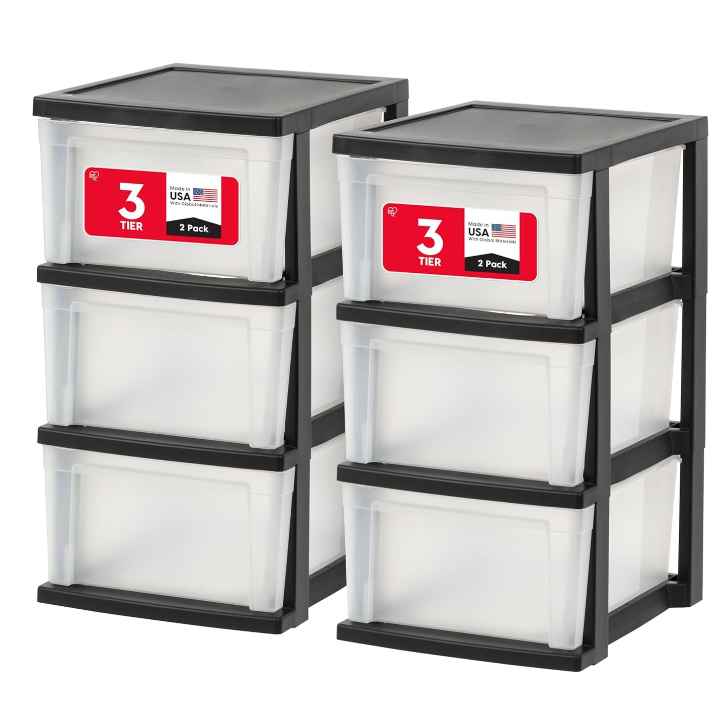 IRIS USA 3-Drawer Slim Narrow Storage Organizer, 2-Pack, Black/Clear | Organize craft supplies, school essentials, beauty items, and small household accessories with compact drawer storage