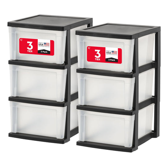 IRIS USA 3-Drawer Slim Narrow Storage Organizer, 2-Pack, Black/Clear | Organize craft supplies, school essentials, beauty items, and small household accessories with compact drawer storage