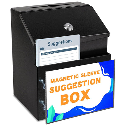 Suggestion Boxes with Magnetic Sign Holder, Metal Donation Boxes | Wall Mounted Ballot for Fundraising and 50 Free Suggestion Cards, with 2 Keys 8.4 x 5.8 x 7.0 inch,Black