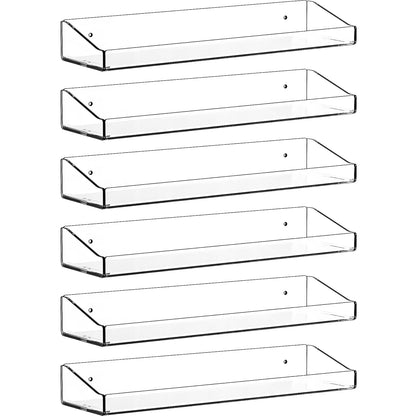 Clear Acrylic Shelves for Wall with Adhesive,6 PCS 15" No Drill Floating Shelves for Bedroom,Bathroom,Wall Display Shelf for Funko Pop,Lego,Collectibles,Action Figures,Nail Polish,Perfume Shelf
