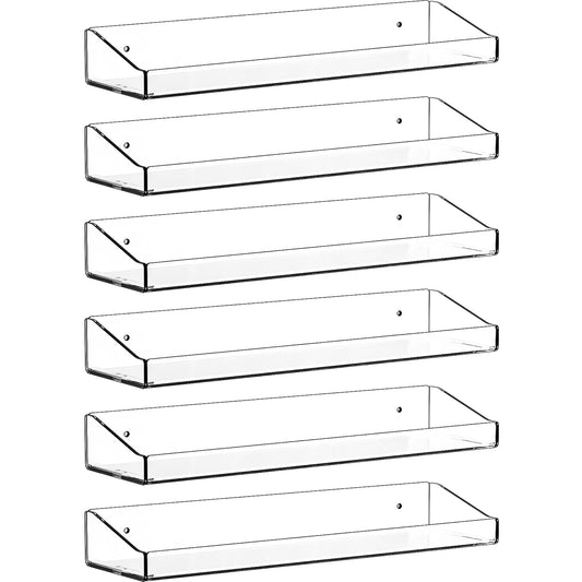 Clear Acrylic Shelves for Wall with Adhesive,6 PCS 15" No Drill Floating Shelves for Bedroom,Bathroom,Wall Display Shelf for Funko Pop,Lego,Collectibles,Action Figures,Nail Polish,Perfume Shelf