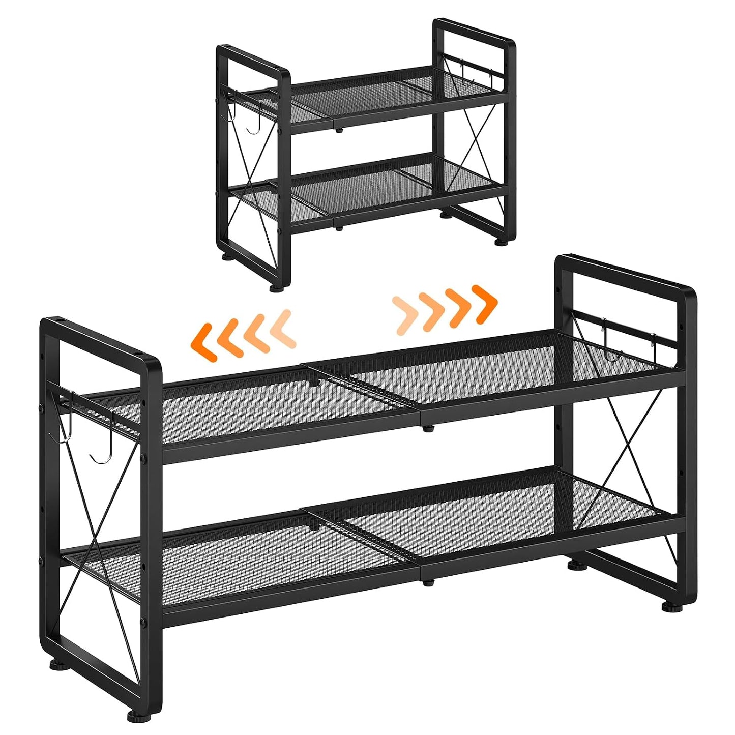 ELYKEN Expandable Shoe Rack for Closet, 2-Tier Metal Black Shoe Organizer | Adjustable Height Shoe Shelf for Boots, Heels, with 4 Hooks, Stackable Shoe Stand Holder for Entryway, Garage, Door Entrance