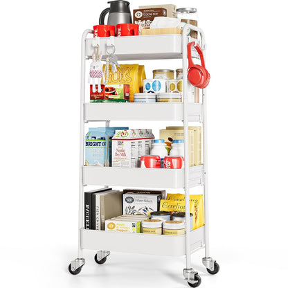 TOOLF 4 Tier Metal Rolling Cart, Utility Storage Cart with Wheels, White | Screwless Assembly, Lockable Metal Wheels, Trolley Organizer for Bathroom, Kitchen, Office, Dorm, Laundry, Craft Room