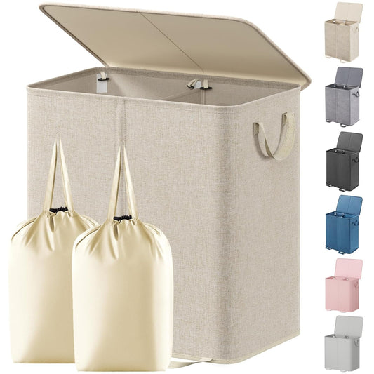 Lifewit Double Laundry Hamper with Lid and Removable Laundry Bags, Large Collapsible 2 Dividers Dirty Clothes Basket with Handles for Bedroom Laundry Room Closet Bathroom College, 136L Beige