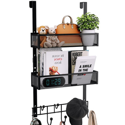 Consumest Over The Door Hooks Organizer - 3 Tier Door Hanger with 9 Coat Hooks & 2 Mesh Basket, Back Storage Organizer Hanging Towels for Bathroom, Bedroom, Black