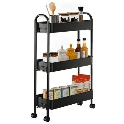 Slim Rolling Cart, Metal Frame Utility Rolling 3-Tier Narrow Storage Cart | Kitchen Storage Organizer, Mobile Shelving Unit for Bathroom Kitchen