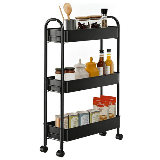 Slim Rolling Cart, Metal Frame Utility Rolling 3-Tier Narrow Storage Cart | Kitchen Storage Organizer, Mobile Shelving Unit for Bathroom Kitchen