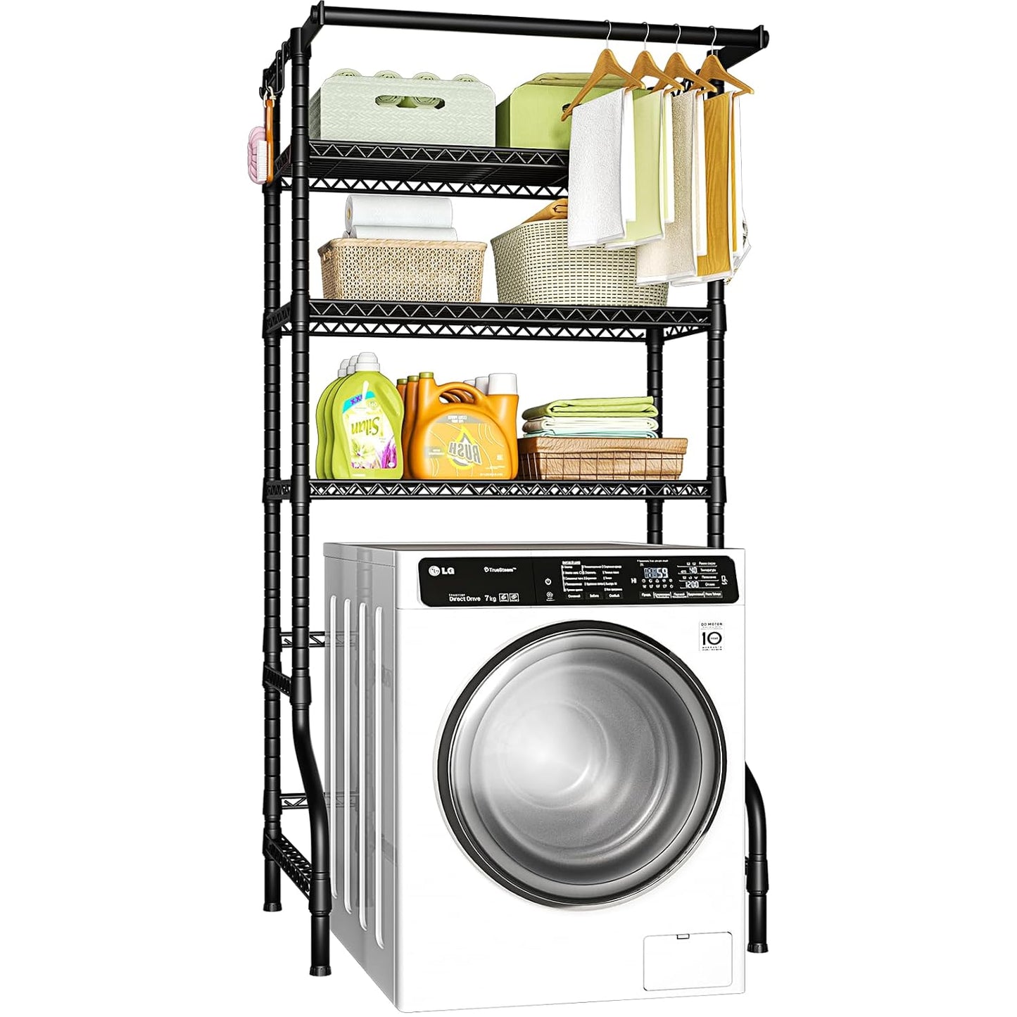 U11 Over Washer and Dryer Shelves, 3 Tiers Laundry Room Storage and Organizer Standing Shelf, Metal Freestanding Clothes Drying Rack, 33.9" W x 19.7" D x 77.6" H, Black