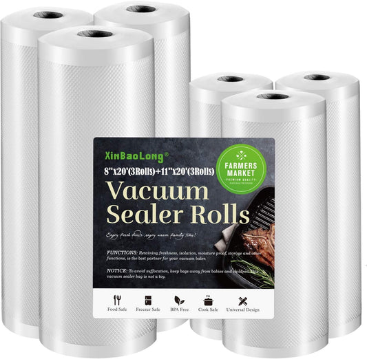 Vacuum Sealer Bags For Food 6 Pack (3 Rolls 11"x20' + 3 Rolls 8"x20') | Commercial Grade, BPA Free, Freezer Bags, Sous Vide Cooking, Puncture Prevention, Kitchen Essentials