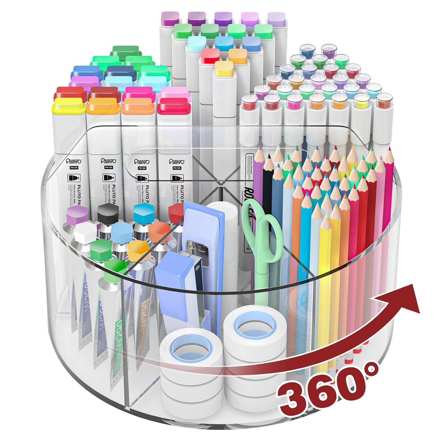 250pcs Acrylic Pencil Holder Marker Organizer, 360-Degree Rotating Pen Holder, Crayon Organizers for Kids Pencil Organizer Caddy Art Supply Lazy Susan Organizer for Desk Home School Office