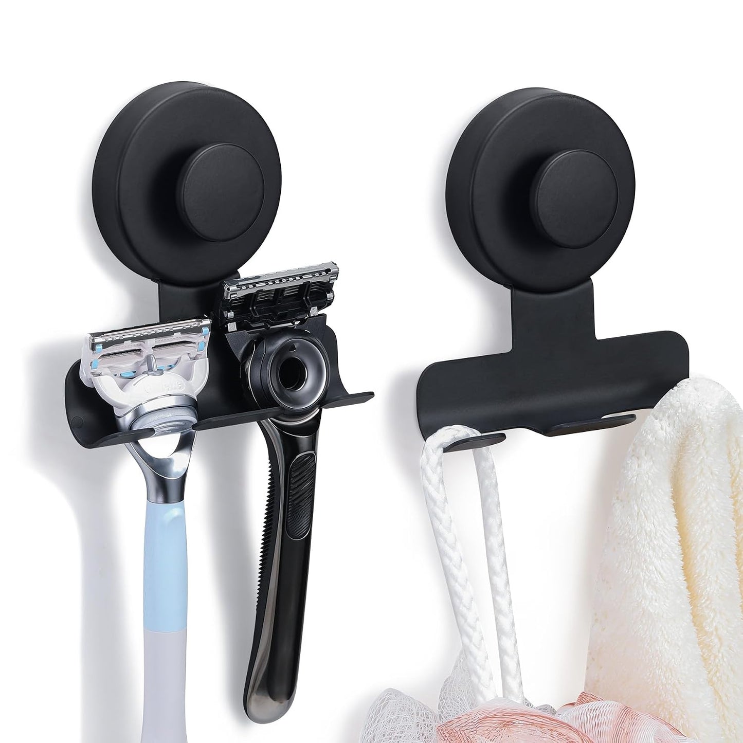Suction Cup Razor and Shaver Holder for Shower Wall, Stainless Steel Reusable Suction Hook for Towel and Loofah, Damage-Free Installation (2, Matte Black)