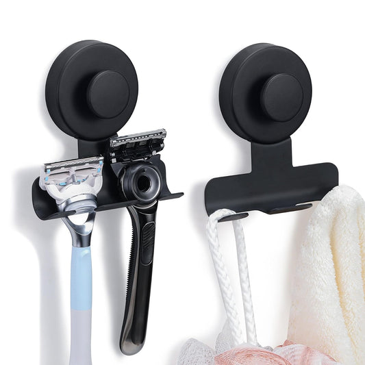 Suction Cup Razor and Shaver Holder for Shower Wall, Stainless Steel Reusable Suction Hook for Towel and Loofah, Damage-Free Installation (2, Matte Black)