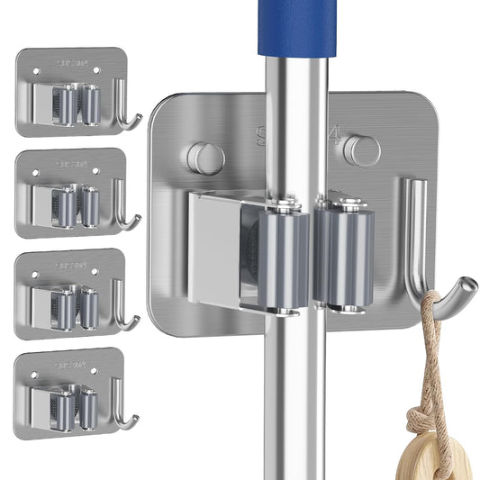 4 Pack Stainless Steel Mop and Broom Holder Wall Mount with Hook, Silver | Screw Drilling or Self Adhesive Storage Rack for Closet Laundry Garage Garden Tool Organizer