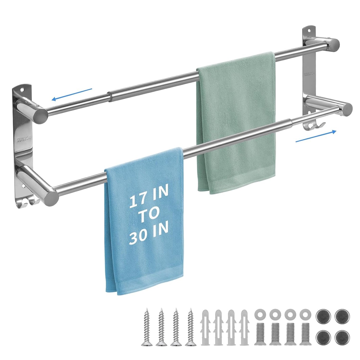 Double Towel Bar, Adjustable 28In Double Towel Racks for Bathroom | Stainless Steel Towel Bar for Bathroom Wall，Drilled-Type Bathroom Towel Holder