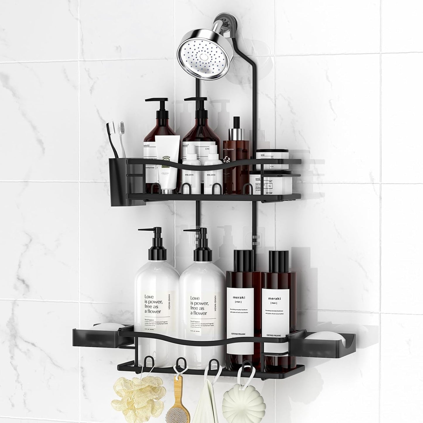 Rustproof Shower Caddy Hanging with Soap Holders for Bathroom, Black | Shower Organizer with Multi Hooks Toothbrush Holder, No Drilling, Anti-Swing, Storage for Shampoo Conditioner Body Wash