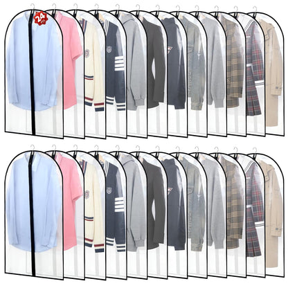 24 Pack Garment Bags for Hanging Clothes, 40" Clear PEVA Garment Bags with Zipper, Dustproof Clothes Covers for Suits, Shirts, Jackets and Dresses, Reusable Hanging Garment Bags for Closet Storage