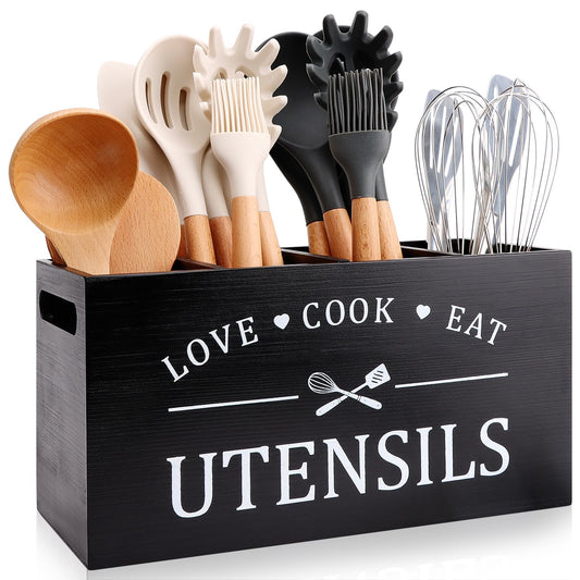 Black Extra Large Wood Cooking Utensil Holder Kitc... (Black | Wood)