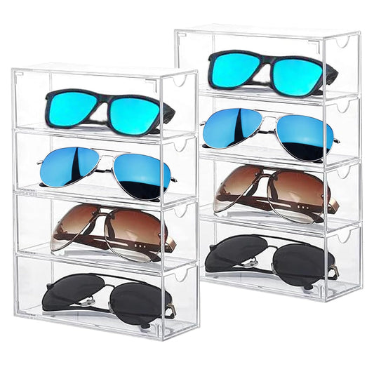 Kenpal Sunglasses Organizer for Multiple Pairs, Acrylic Stackable Glasses Holder with 4 Drawers, Transparent Eyeglass Case