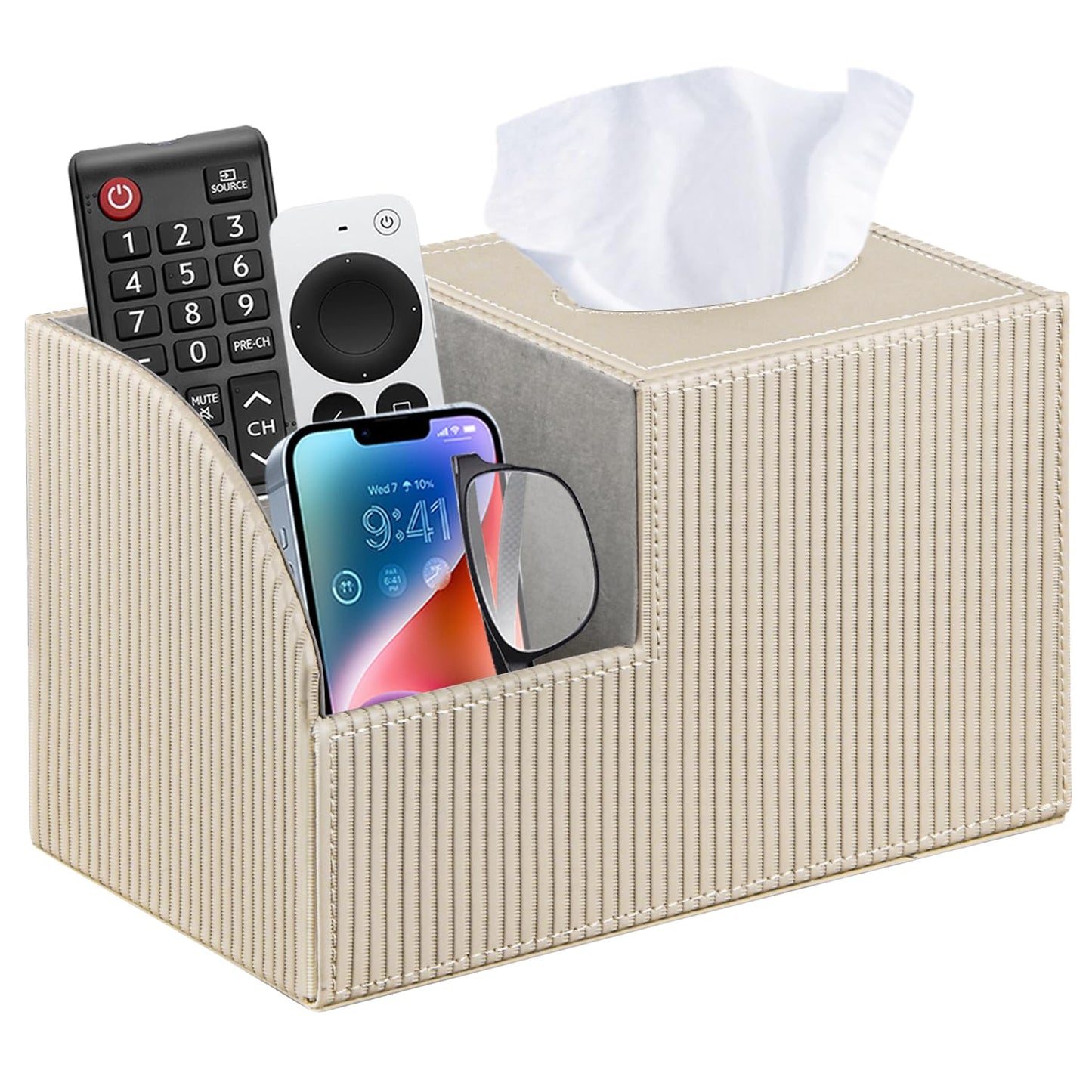 PUSU Square Tissue Box Cover with Storage and TV Remote Control Holder | Multi-Functional Cube facial Tissue Box Organizer for Bathroom,Vanity,Side table,Nightstand,End Table,Side table,Home Decor