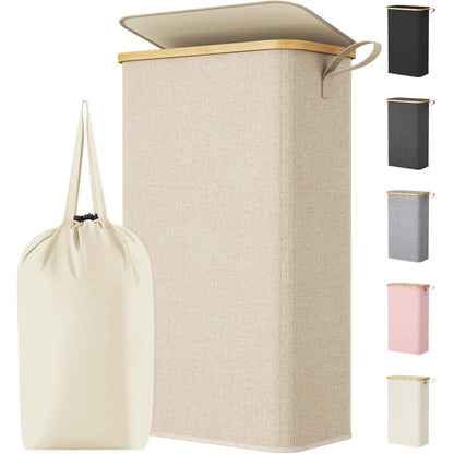 Lifewit 75L Slim Laundry Hamper with Lid, Narrow Laundry Basket with Removable Bag & Bamboo Handles, Fodable Thin Dirty Clothes Hamper for Laundry Collapsible Bin for Bathroom Bedroom Dorm, Beige