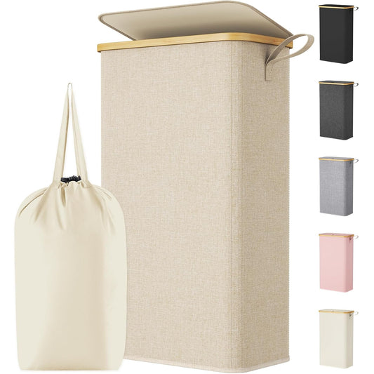 Lifewit 75L Slim Laundry Hamper with Lid, Narrow Laundry Basket with Removable Bag & Bamboo Handles, Fodable Thin Dirty Clothes Hamper for Laundry Collapsible Bin for Bathroom Bedroom Dorm, Beige