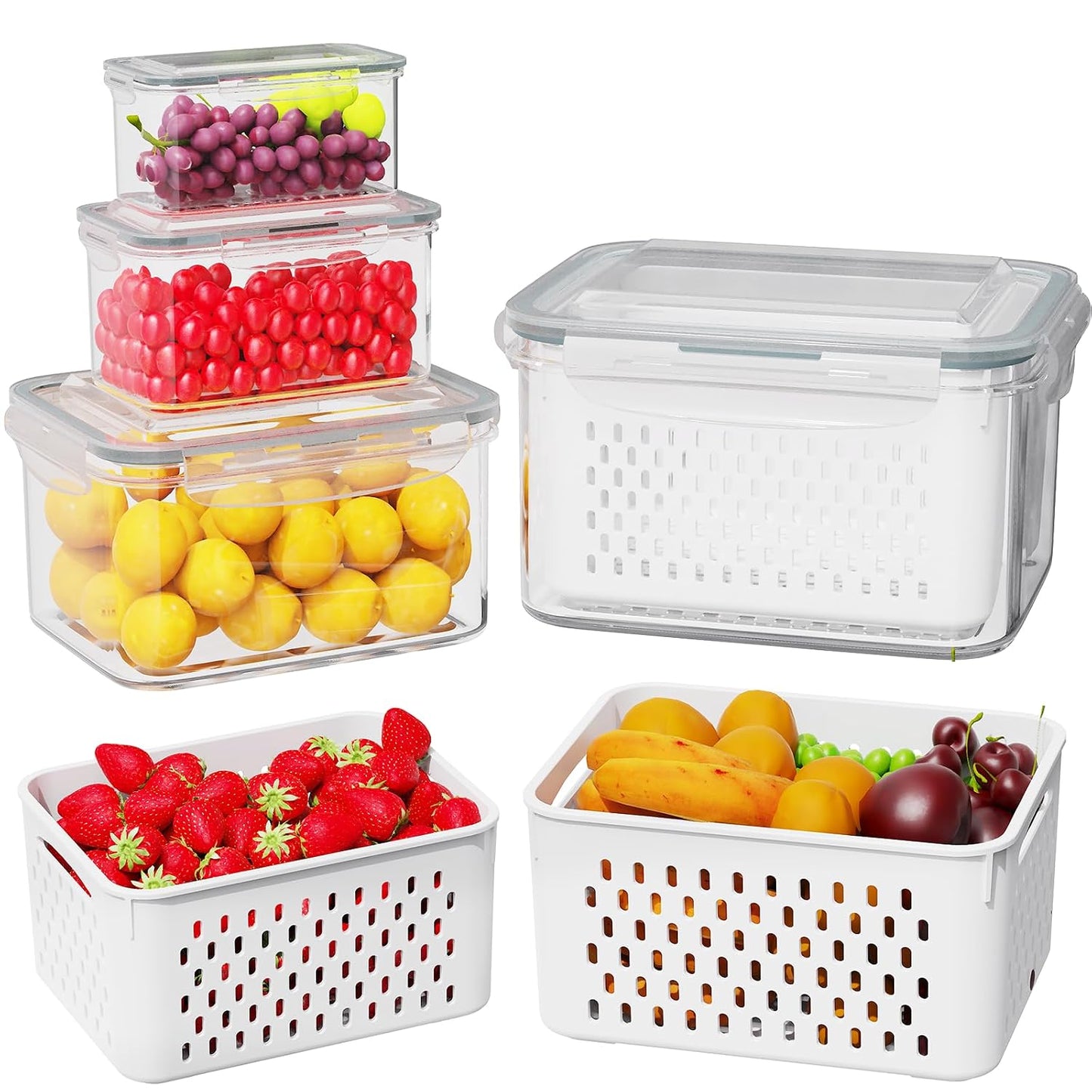 4 Pcs Fruit Storage Containers for Fridge (with Drain Basket) - Leak-Proof Food Containers, BPA-Free, Keep Fruits, Vegetables, Berries, and Meats Fresh for a Long Time, Dishwasher and Microwave Safe