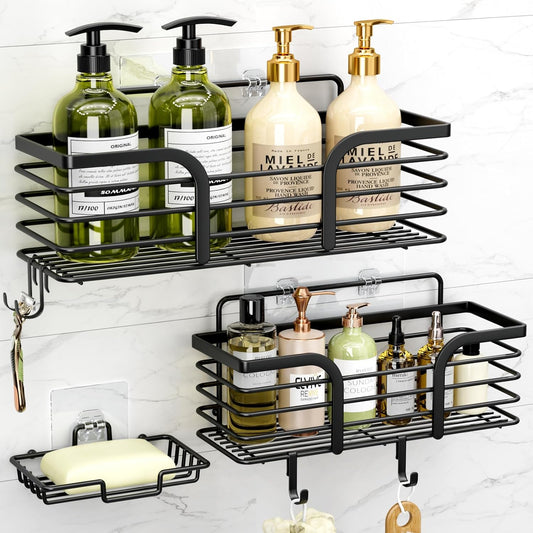 Yougai Shower Organizer with Soap Holder and Hooks for Bathroom (Black) | Rustproof , No Drilling, Wall-Mounted, Kitchen & Home Decor