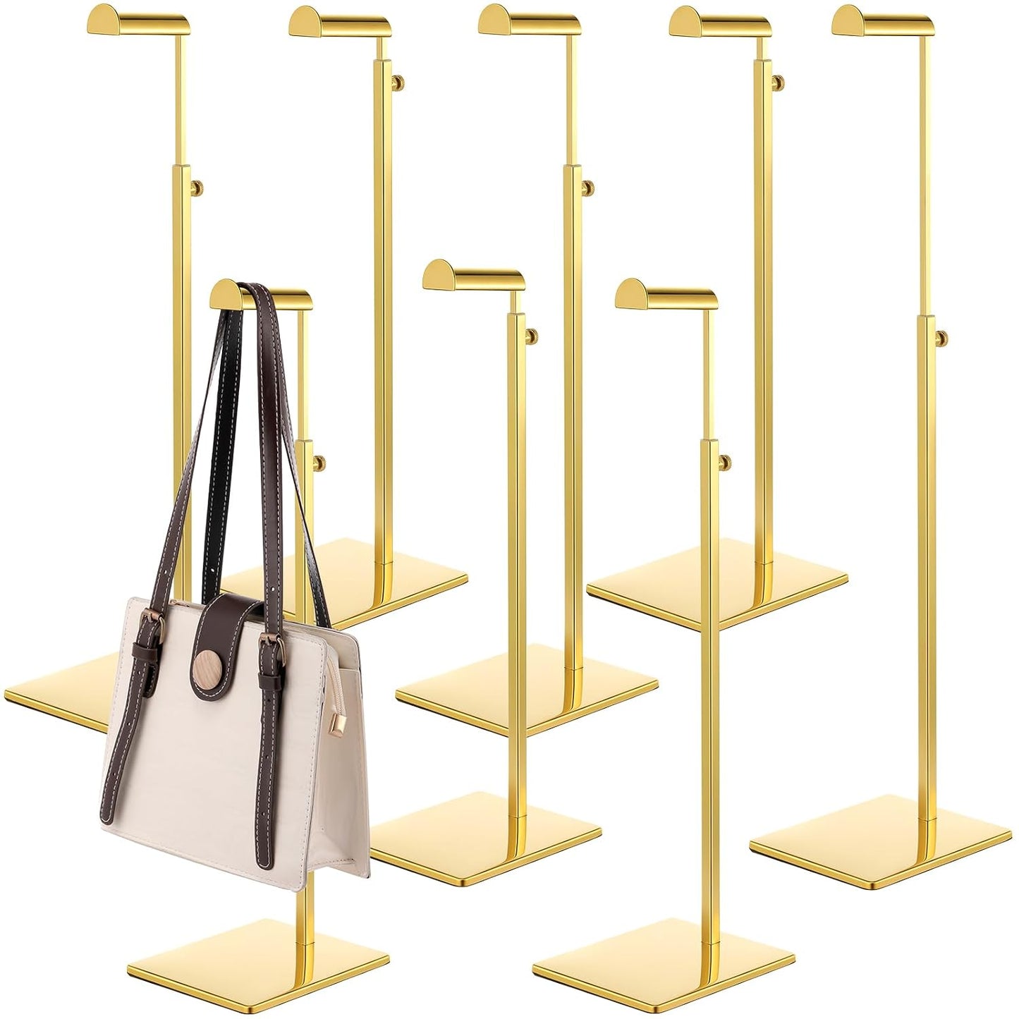 Hicarer 8 Pcs Purse Holder Bulk Gold Purse Display Stands Adjustable Height 15.75"-27.56" Stainless Steel Handbag Stands for Home Boutiques Store Bag Organizer