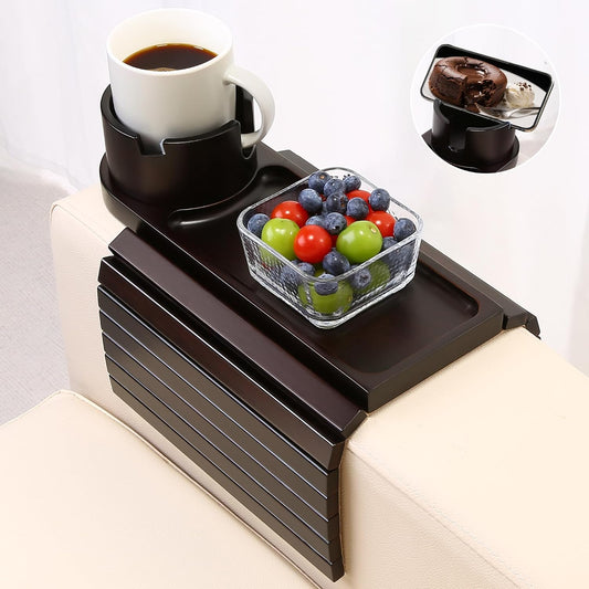 Couch Cup Holder,Bamboo Couch Arm Tray with 360° Rotating Cup Holder,Foldable Anti-Slip Sofa Arm Chair Tray for Eating Snack Drink Side Table