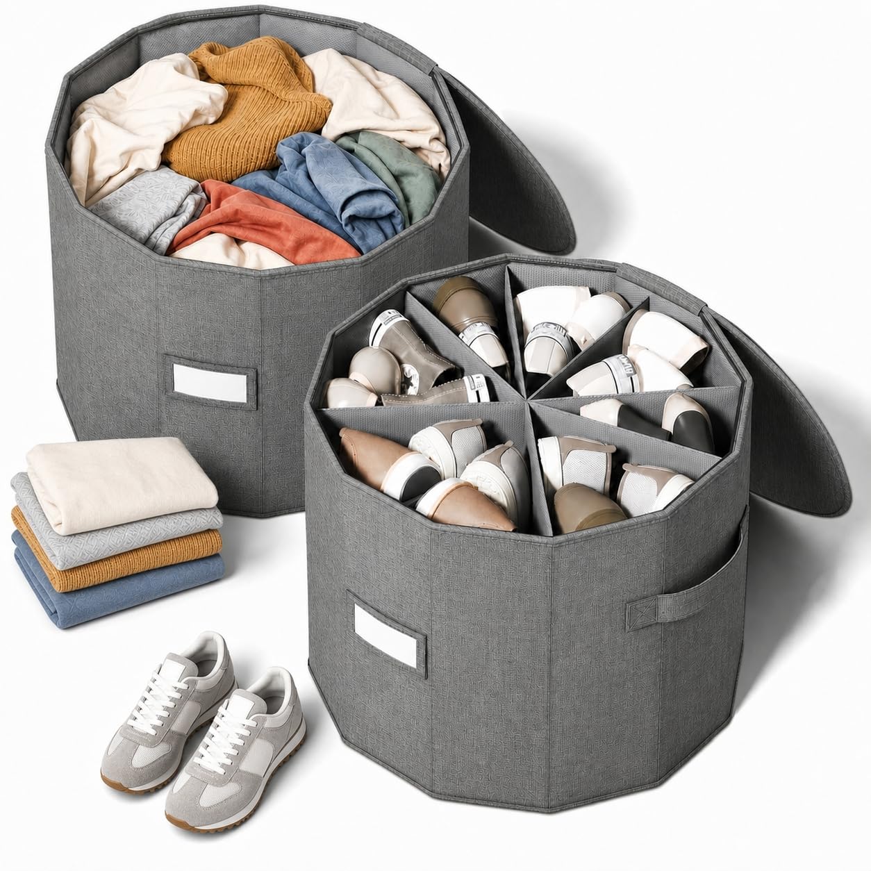 Round Shoe Organizer, Fan Dividers for Wide Shoes & Boots, Gray, 2 Pack | Adjustable Fan-shaped Design Helps Reduce Squeezing for High-tops, Wide Shoes and Boots, Cotton-linen Fabric with PP Support