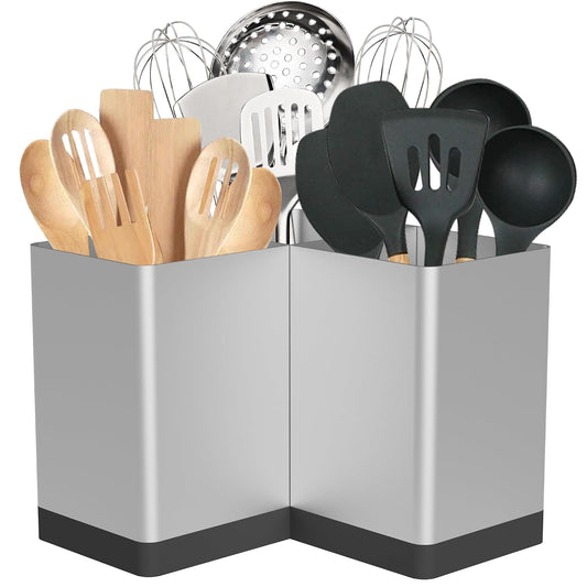 Suli Extra Large Kitchen Utensil Holder Countertop for Corner Counter | Against Wall,Hold 40 tool,Easy to Clean,Spacesaving,Sturdy Farmhouse Cooking Utensil Organizer Caddy,Metal,Silvery