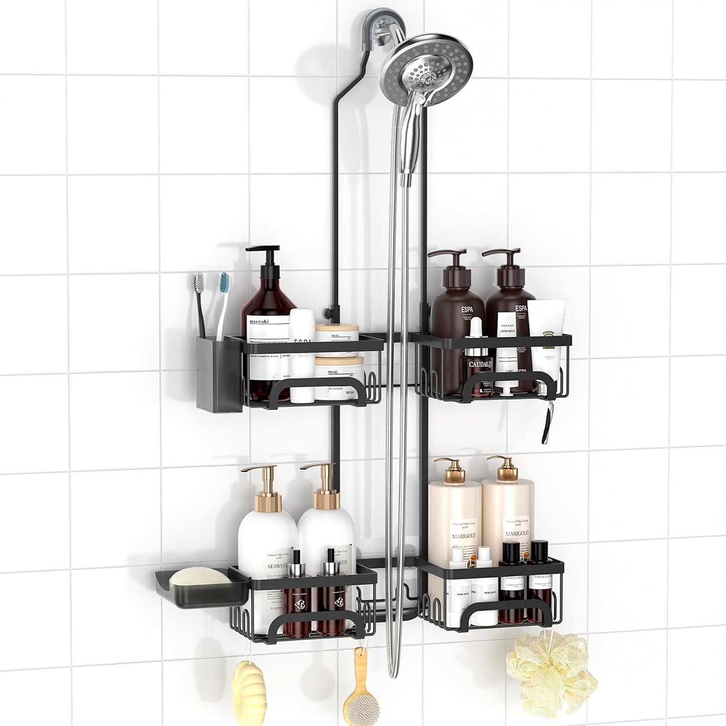 Split Shower Caddy Hanging for Handheld Showerheads, Black | Adjustable Shower Organizer, Rustproof, 16 Hooks, Soap Holder, 40lbs Capacity, Anti-Slip, Tool-Free, Bathroom Accessories