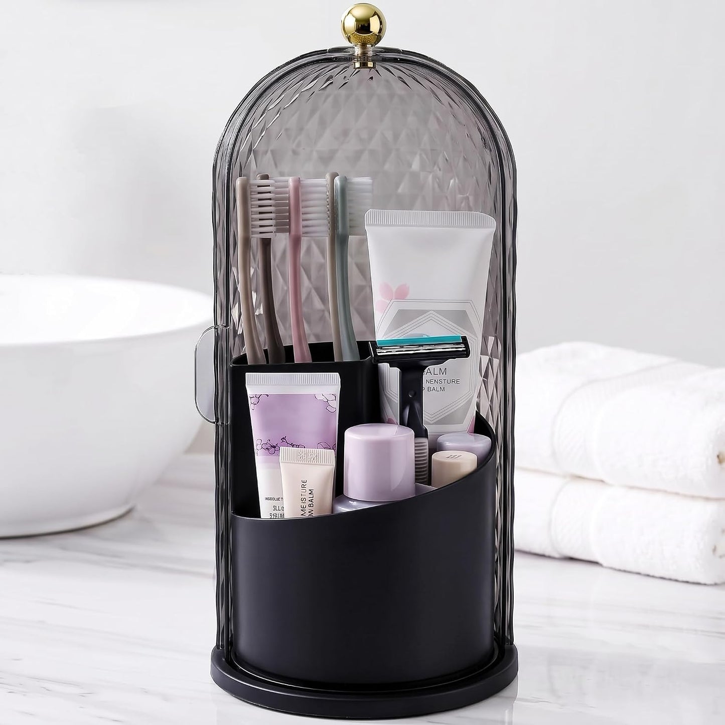 Toothbrush Holders with Sliding Lid, Rotating 3 Slots Bathroom Organizer Countertop, Tooth Brush Toothpaste Holder Bathroom Counter Stand Caddy for Vanity Makeup Brushes Holder (Black)