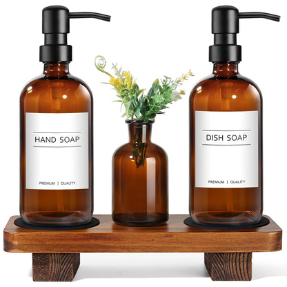 Kitchen Soap Dispenser Set with Wood Riser Tray, Amber Glass Soap Dispenser with Stainless Steel Pump, Hand and Dish Soap Dispenser Set for Kitchen, Soap and Lotion Dispenser Bathroom Decor(Amber)