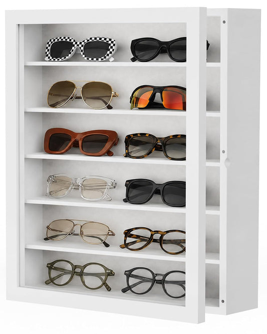 TJ.MOREE Sunglass Organizer Wall Mounted Glasses Holder Display Case 6 Tier | 13 x 15.6 inches Wooden Storage Box for Multiple Pairs Eyeglasses Sports Sunglasses