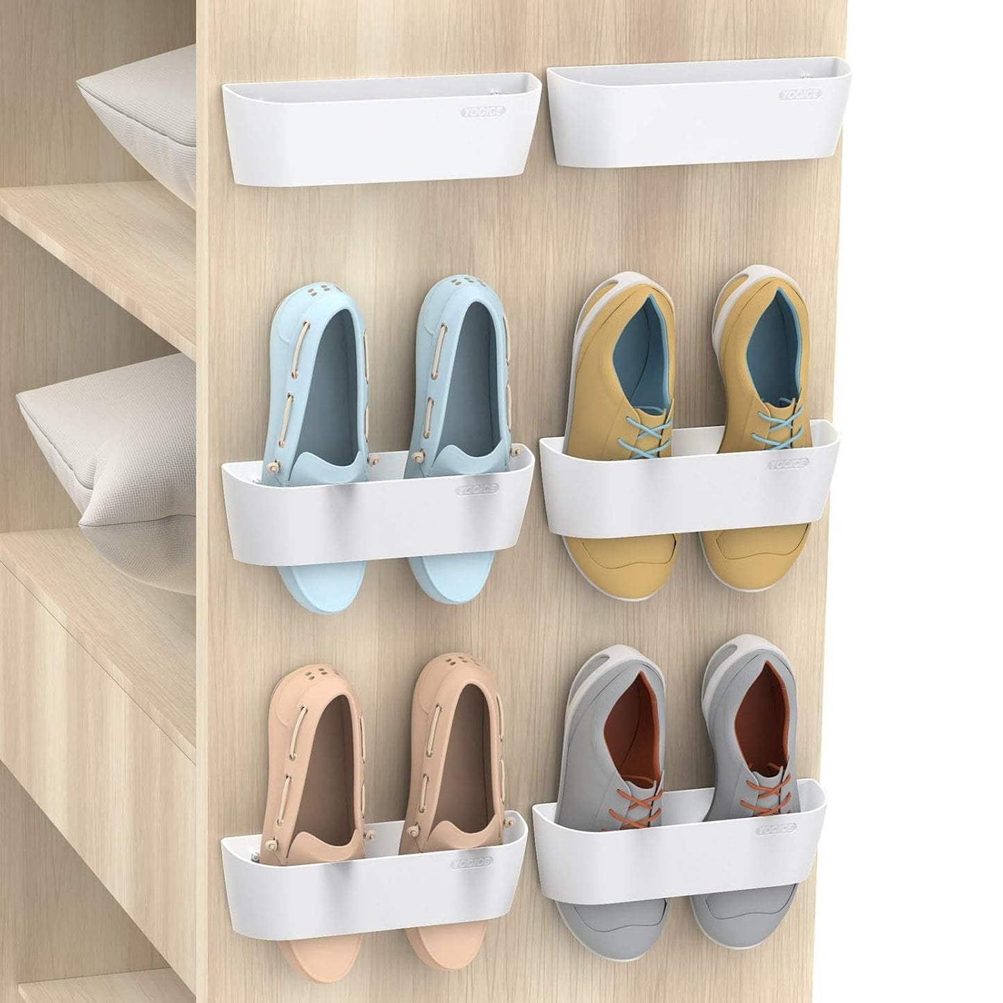 Wall Mounted Shoes Rack 6Pack with Sticky Hanging Strips, Plastic Shoes Holder Storage Organizer,Door Shoe Hangers (SM03-White-6)